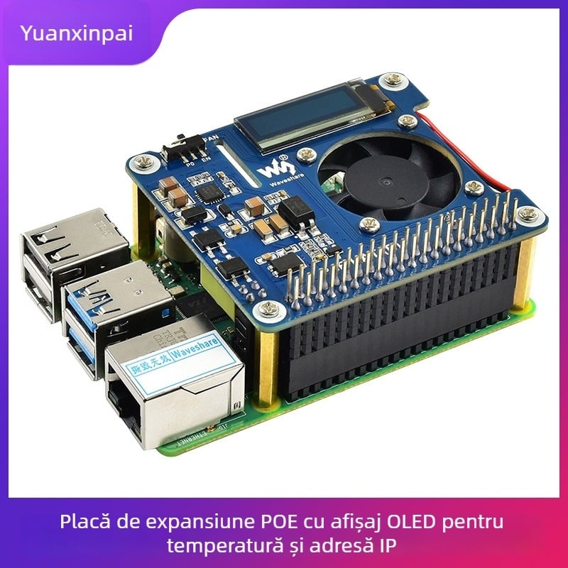 Placă de extindere POE Ethernet pentru Raspberry Pi 4B/3B+ cu afișaj OLED în timp real al temperaturii și extensie IO pentru adresă IP
