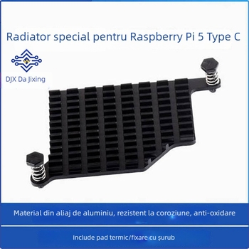 Radiator din aluminiu pentru Raspberry Pi 5 cu placă termică și montaj prin apăsare cu șuruburi
