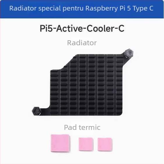 Radiator din aluminiu pentru Raspberry Pi 5 cu placă termică și montaj prin apăsare cu șuruburi