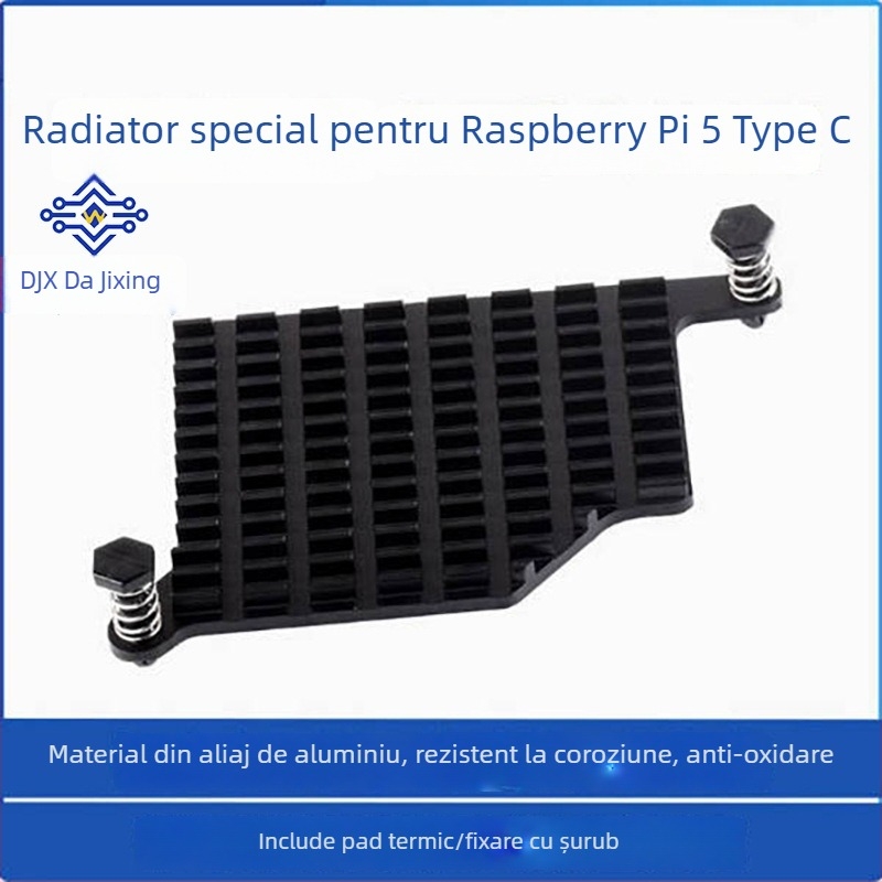 Radiator din aluminiu pentru Raspberry Pi 5 cu placă termică și montaj prin apăsare cu șuruburi