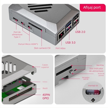 Carcasă Raspberry Pi 5 din ABS, protecție, ventilator PWM pentru răcire și reglare a vitezei, imitatie de aluminiu din plastic