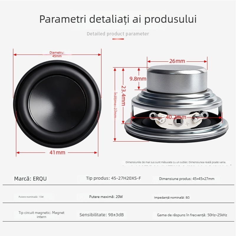 ERQU Difuzor circular de 45 mm, impermeabil, 8 Ω, 15 W, tweeter coaxial, magnet dublu