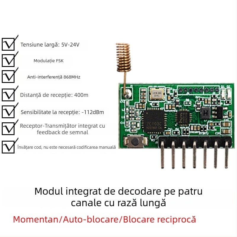 Modul transceiver wireless cu telecomandă integrată pentru sisteme de securitate, 868 MHz