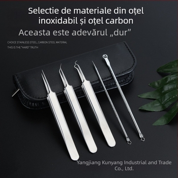 Set de cinci piese din oțel inoxidabil cu placare electroplată pentru acnee și puncte negre, incluzând ace pentru acnee și pense