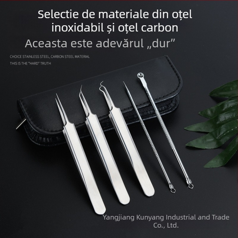 Set de cinci piese din oțel inoxidabil cu placare electroplată pentru acnee și puncte negre, incluzând ace pentru acnee și pense