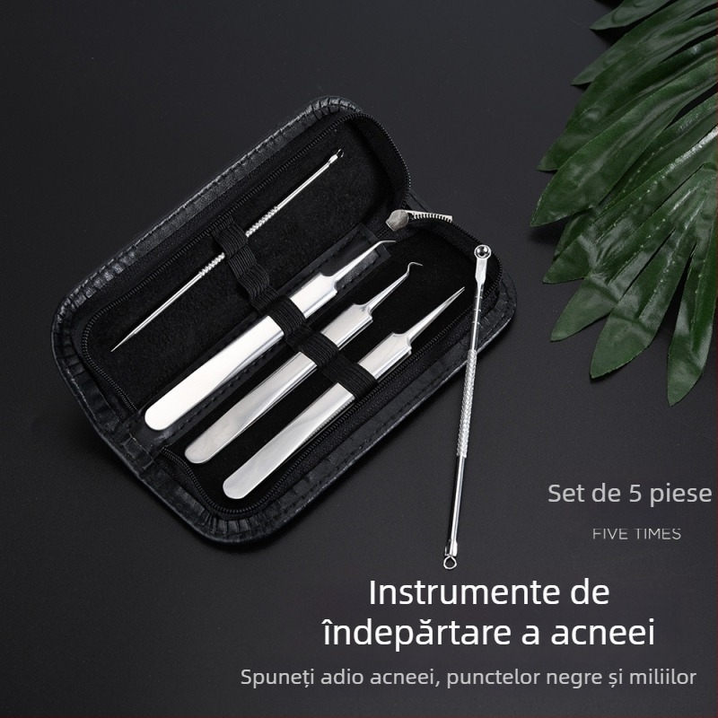 Set de cinci piese din oțel inoxidabil cu placare electroplată pentru acnee și puncte negre, incluzând ace pentru acnee și pense