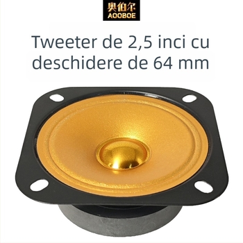 Tweeter pătrat, auriu, 2,5 inchi, deschidere 70 mm, diametru 64 mm, 4 Ω, 10 W, sunet de înaltă fidelitate