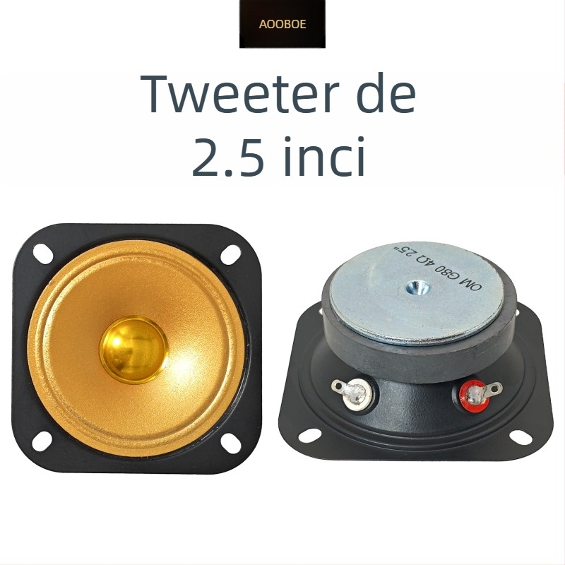 Tweeter pătrat, auriu, 2,5 inchi, deschidere 70 mm, diametru 64 mm, 4 Ω, 10 W, sunet de înaltă fidelitate