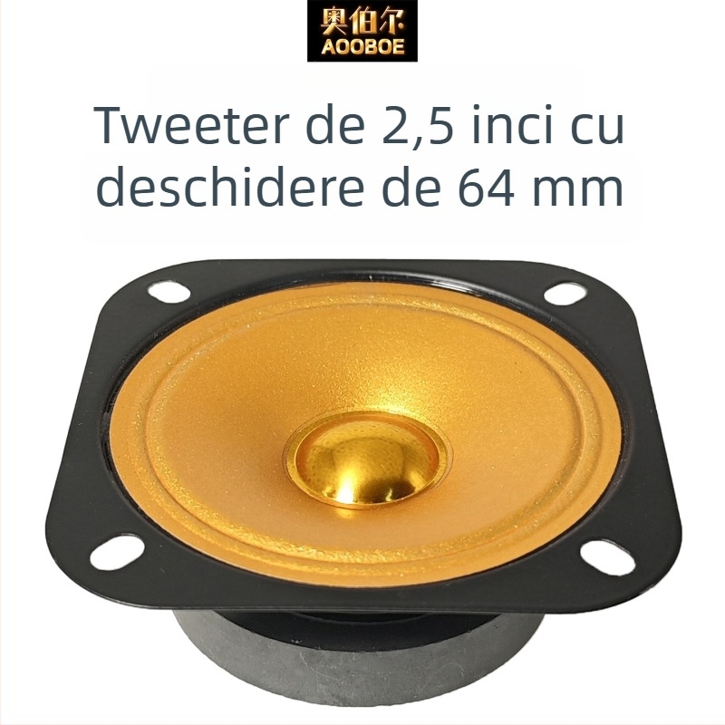 Tweeter pătrat, auriu, 2,5 inchi, deschidere 70 mm, diametru 64 mm, 4 Ω, 10 W, sunet de înaltă fidelitate