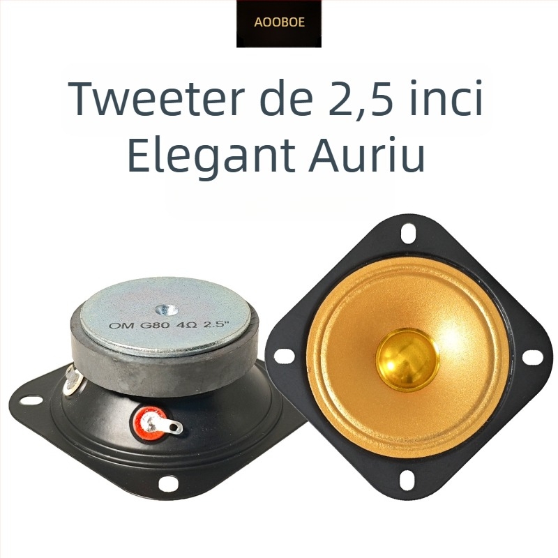 Tweeter pătrat, auriu, 2,5 inchi, deschidere 70 mm, diametru 64 mm, 4 Ω, 10 W, sunet de înaltă fidelitate