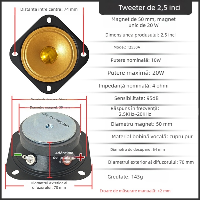 Tweeter pătrat, auriu, 2,5 inchi, deschidere 70 mm, diametru 64 mm, 4 Ω, 10 W, sunet de înaltă fidelitate