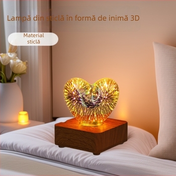 Lampa de noapte din sticlă 3D în formă de inimă pentru noptieră, USB, iluminare ambientală pentru somn