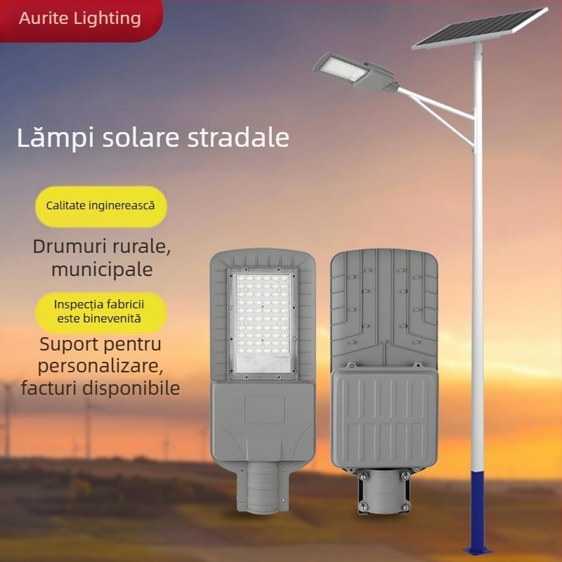 Stâlp solar de iluminat stradal cu braț în formă de Y, înălțime 6 m, LED 60W, construcție din oțel, pentru drumuri rurale și spații publice