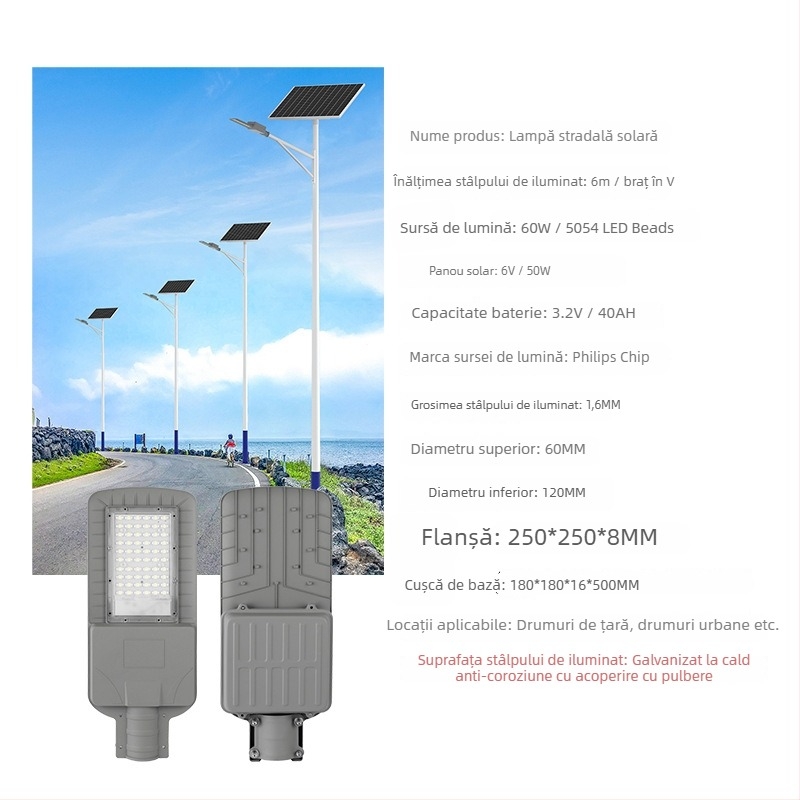 Stâlp solar de iluminat stradal cu braț în formă de Y, înălțime 6 m, LED 60W, construcție din oțel, pentru drumuri rurale și spații publice