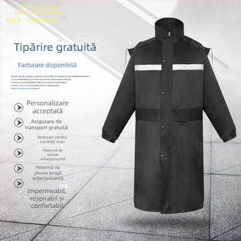 Mantie de ploaie lungă, neagră fluorescentă, cu două straturi reflectorizante pentru adulți, poncho unic pentru trafic