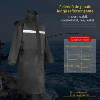 Mantie de ploaie lungă, neagră fluorescentă, cu două straturi reflectorizante pentru adulți, poncho unic pentru trafic