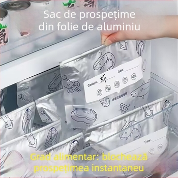 Pungi din folie de aluminiu pentru depozitare alimentară, pentru carne, antibacteriale, reutilizabile, potrivite pentru frigider și congelator. Dimensiuni: 20x13 cm, 23x17 cm, 26x29 cm.
