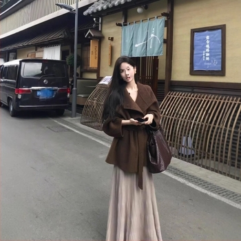 Palton de lână maro mocha pentru femei de talie mică, toamnă-iarnă 2025, stil premium, palton gros