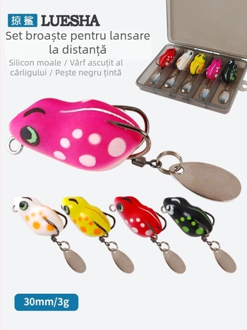 Shark Hunter: Set de 5 năluci mini de tip broscuță pentru aruncări la distanță, cu năluci moi, cârlige duble și element sonor pentru pescuit snakehead