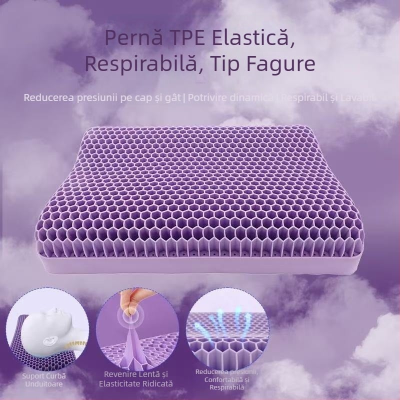 Pernă TPE cu gel în structură fagure, fără presiune, nucleu gel respirabil, pernă cervicală pentru adulți, mov