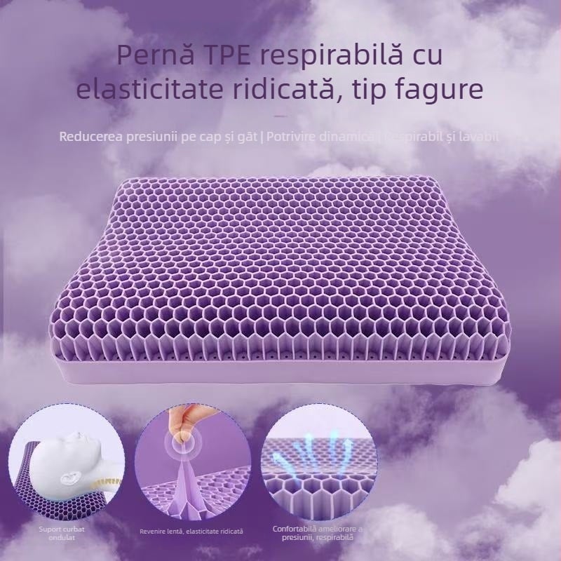 Pernă TPE cu gel în structură fagure, fără presiune, nucleu gel respirabil, pernă cervicală pentru adulți, mov