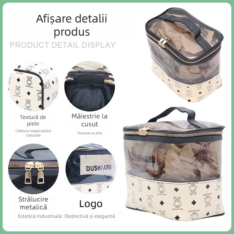 Geantă cosmetică personalizată în stil coreean, cu ursuleț drăguț semi-transparent, capacitate mare, geantă de toaletă din PU