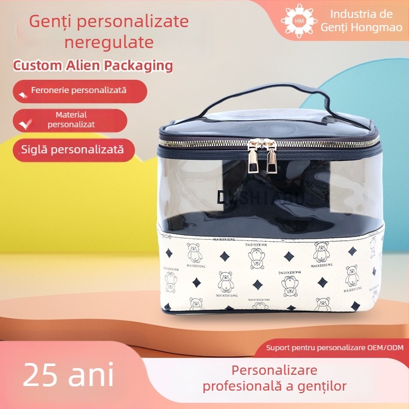 Geantă cosmetică personalizată în stil coreean, cu ursuleț drăguț semi-transparent, capacitate mare, geantă de toaletă din PU