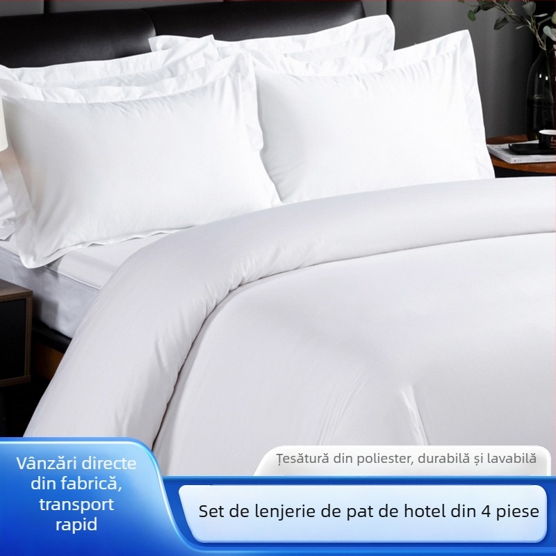 Set de pat din poliester, patru piese, finisaj carbon, lavabil și durabil, lenjerie de hotel