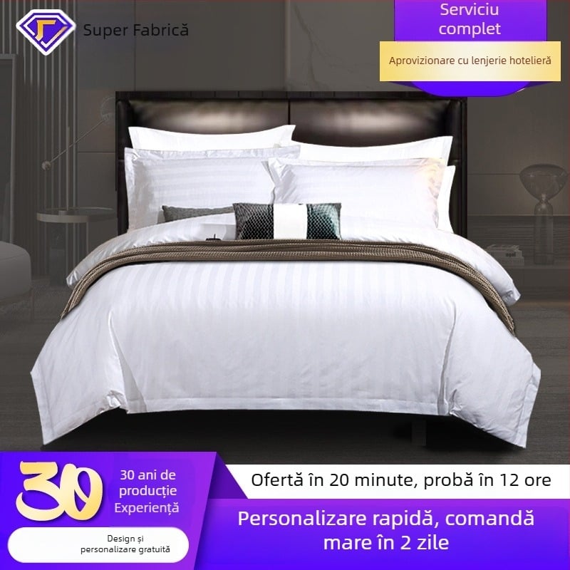 Set de lenjerie de pat din bumbac 100% cu dungi satinate de 3 cm – 4 piese: husă de pilotă, cearșaf de sus, cearșaf de jos și fețe de pernă (2), culoare uni, pentru toate anotimpurile, stil hotelier