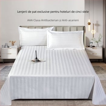 Cearșaf din bumbac 100% 60s 300TC, cu dungi de 3 cm, pentru hoteluri și pensiuni, alb, material gros