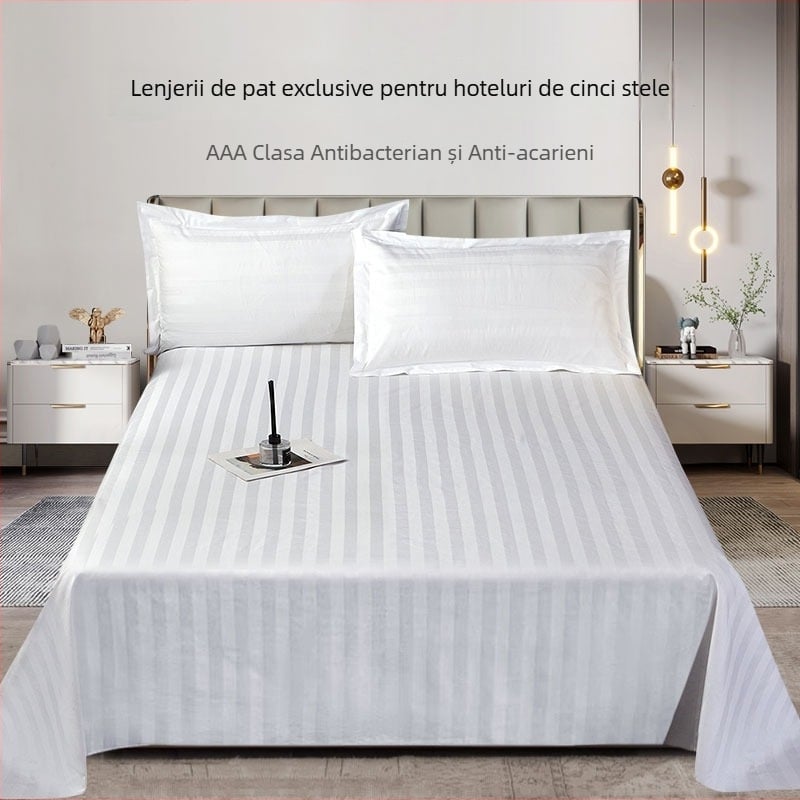 Cearșaf din bumbac 100% 60s 300TC, cu dungi de 3 cm, pentru hoteluri și pensiuni, alb, material gros