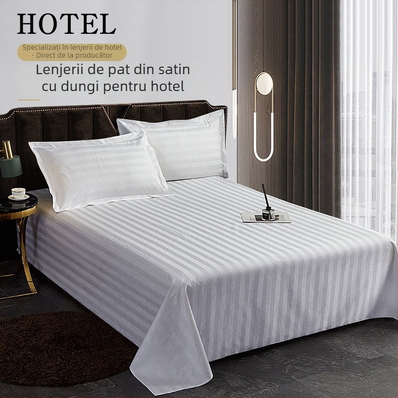 Cearșaf din bumbac 100% 60s 300TC, cu dungi de 3 cm, pentru hoteluri și pensiuni, alb, material gros
