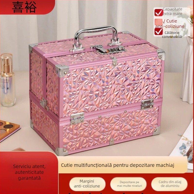 Geantă cosmetică portabilă din aluminiu pentru manichiură și broderie a sprâncenelor, cu mai multe compartimente, capacitate mare, pentru artiști de makeup