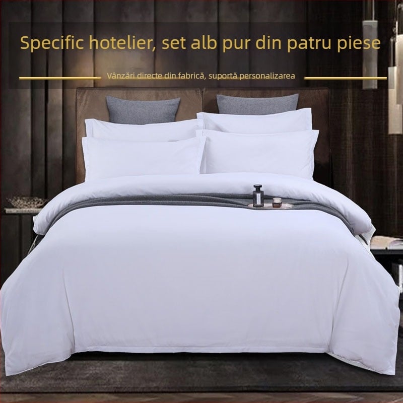 Set de lenjerie hotelieră, patru piese, husă de pilotă albă, culoare solidă