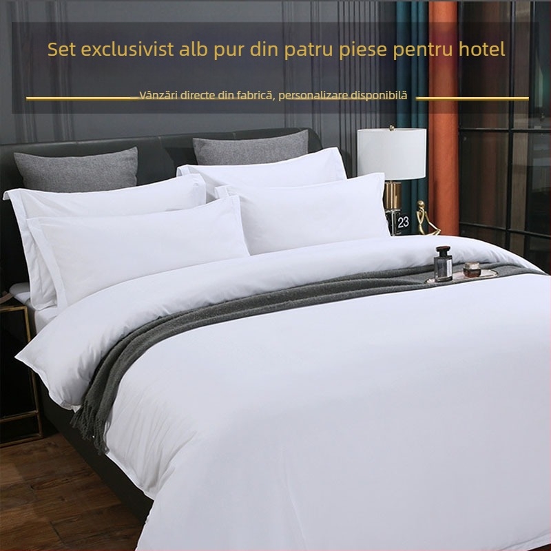 Set de lenjerie hotelieră, patru piese, husă de pilotă albă, culoare solidă