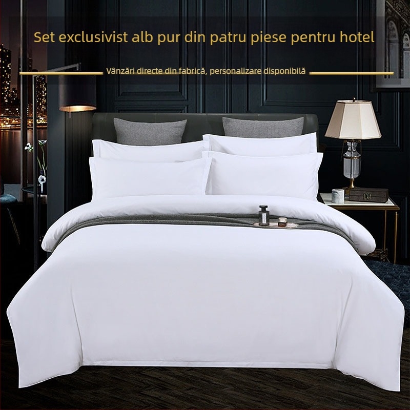 Set de lenjerie hotelieră, patru piese, husă de pilotă albă, culoare solidă