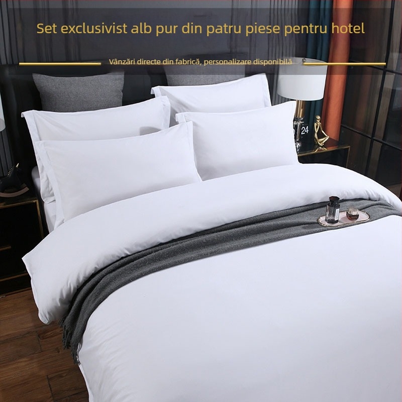 Set de lenjerie hotelieră, patru piese, husă de pilotă albă, culoare solidă