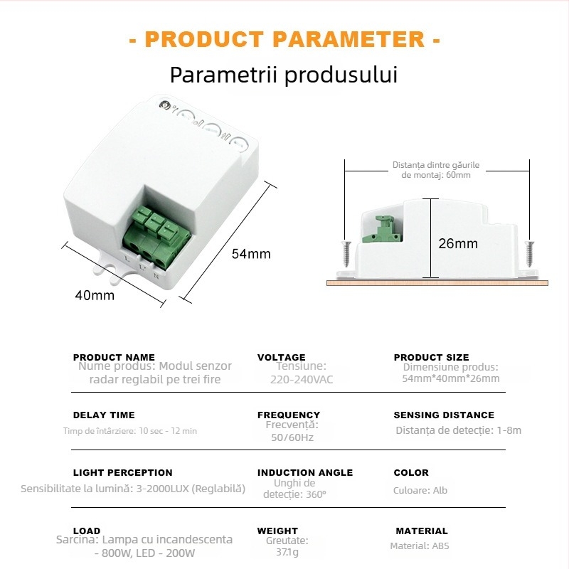 Modul comutator senzor radar cu frecvența 5.8 GHz pentru iluminat, alimentare AC 220V, întârziere reglabilă de la 10 s la 12 min