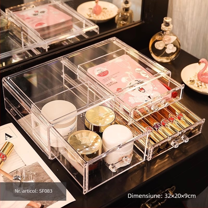 Cutie transparentă de depozitare pentru cosmetice, mare, cu capac, organizator de birou din acrilic