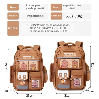 Rucsac Huacheng cu capybara pentru copii – drăguț și jucăuș, pentru învățământul primar, clasele 1–6, ultraușor, impermeabil, material Oxford, bretele cu aer