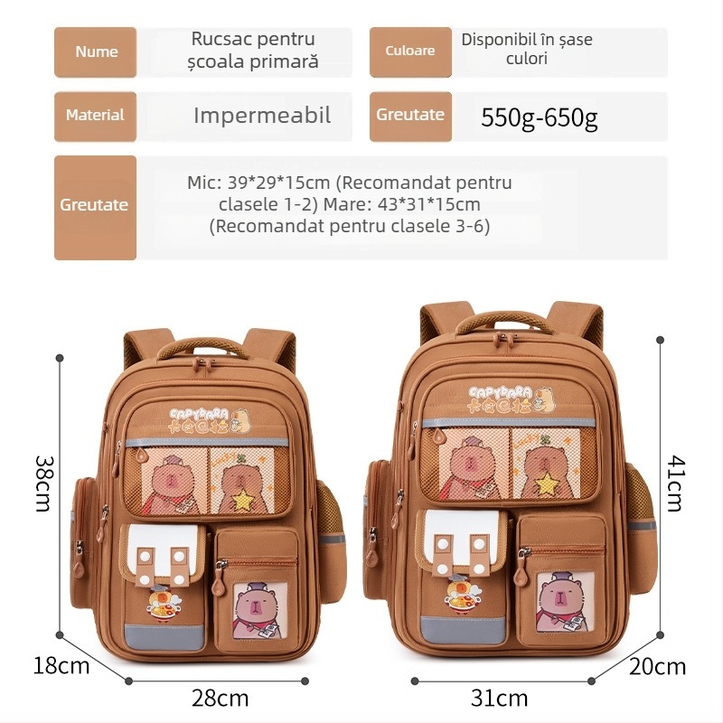 Rucsac Huacheng cu capybara pentru copii – drăguț și jucăuș, pentru învățământul primar, clasele 1–6, ultraușor, impermeabil, material Oxford, bretele cu aer