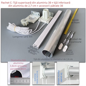Set de accesorii pentru rulouri din aliaj de aluminiu: bare superioare și inferioare, țesătură publicitară, suporturi, cablu de tracțiune, ax rotativ și șină
