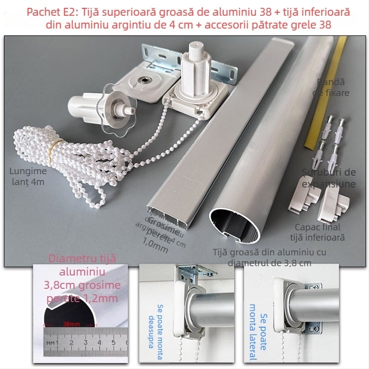 Set de accesorii pentru rulouri din aliaj de aluminiu: bare superioare și inferioare, țesătură publicitară, suporturi, cablu de tracțiune, ax rotativ și șină