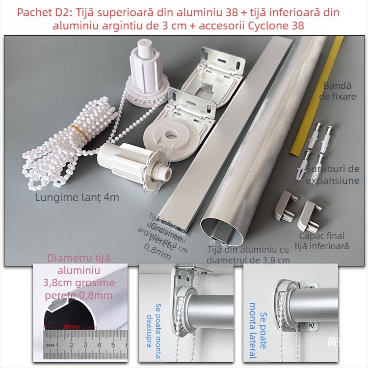Set de accesorii pentru rulouri din aliaj de aluminiu: bare superioare și inferioare, țesătură publicitară, suporturi, cablu de tracțiune, ax rotativ și șină