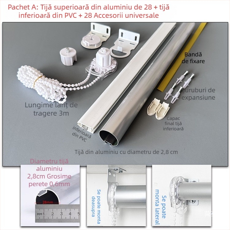 Set de accesorii pentru rulouri din aliaj de aluminiu: bare superioare și inferioare, țesătură publicitară, suporturi, cablu de tracțiune, ax rotativ și șină