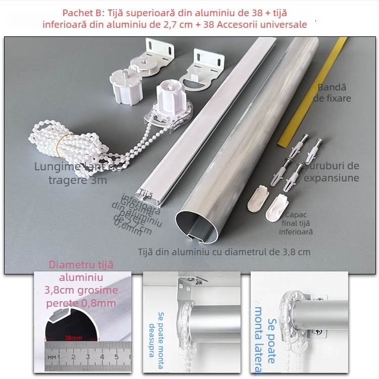Set de accesorii pentru rulouri din aliaj de aluminiu: bare superioare și inferioare, țesătură publicitară, suporturi, cablu de tracțiune, ax rotativ și șină