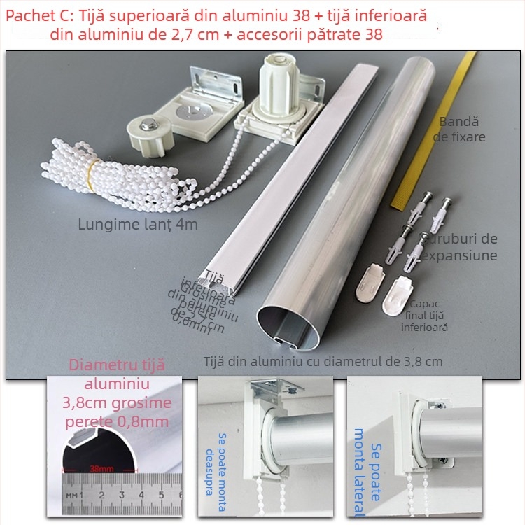 Set de accesorii pentru rulouri din aliaj de aluminiu: bare superioare și inferioare, țesătură publicitară, suporturi, cablu de tracțiune, ax rotativ și șină