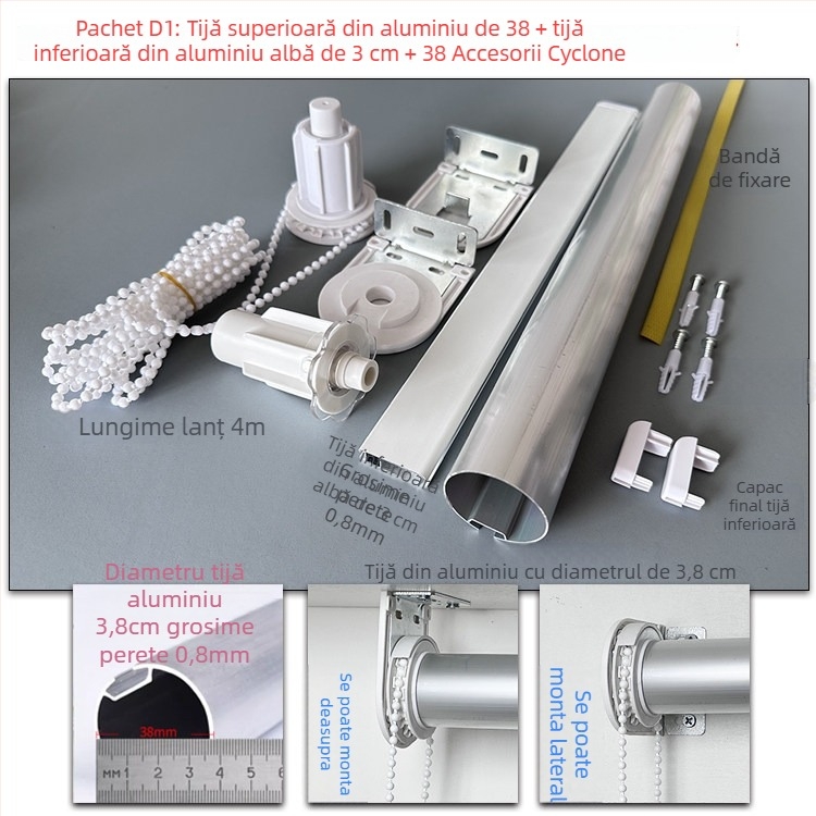 Set de accesorii pentru rulouri din aliaj de aluminiu: bare superioare și inferioare, țesătură publicitară, suporturi, cablu de tracțiune, ax rotativ și șină