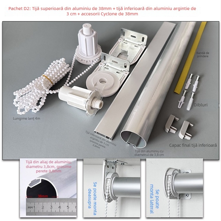 Set de accesorii pentru rulouri din aliaj de aluminiu: bare superioare și inferioare, țesătură publicitară, suporturi, cablu de tracțiune, ax rotativ și șină