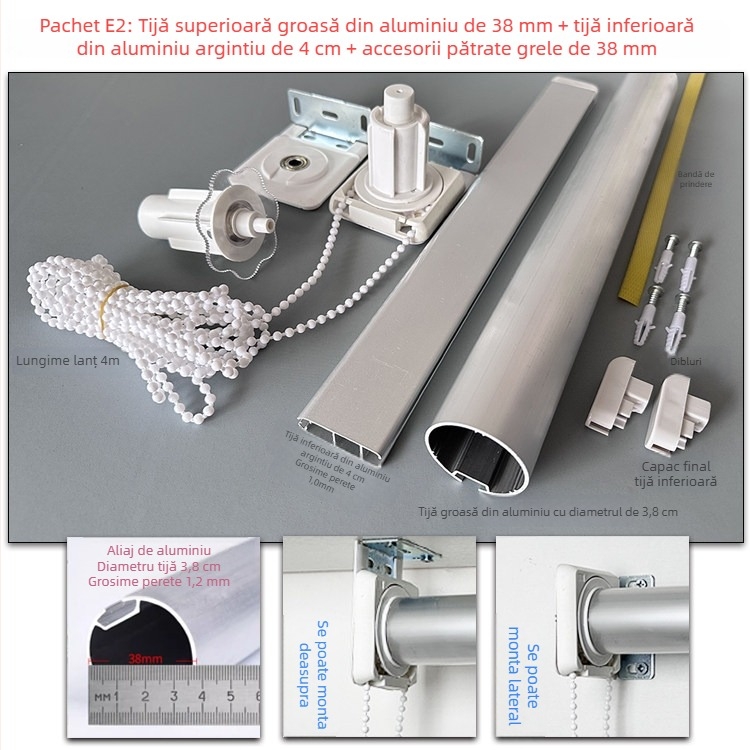 Set de accesorii pentru rulouri din aliaj de aluminiu: bare superioare și inferioare, țesătură publicitară, suporturi, cablu de tracțiune, ax rotativ și șină